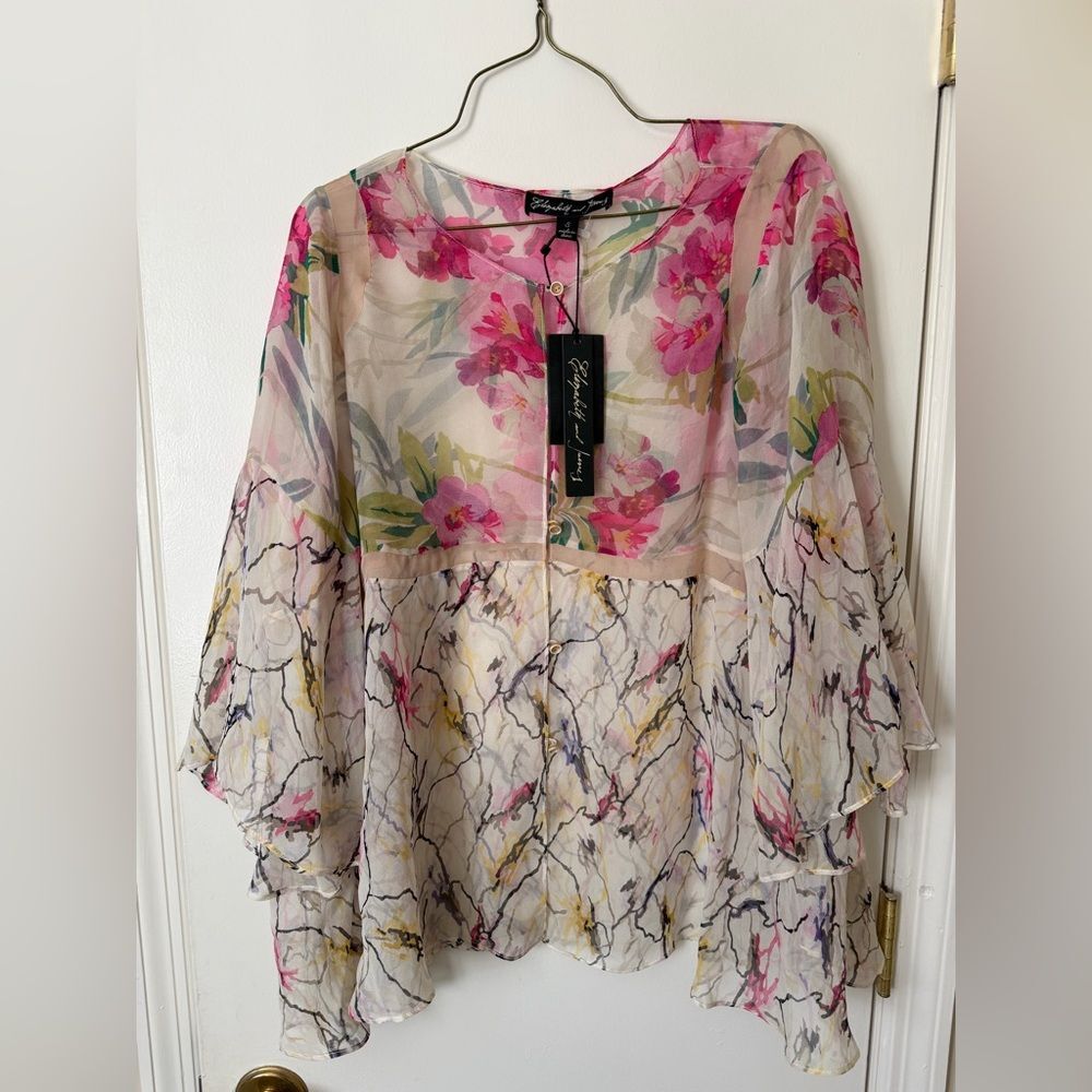 NWT Elizabeth and James Floral Sheer Pink Oversized Silk Carmen Kimono Blouse Sm